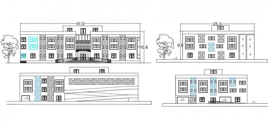 Multi-family apartment building four sided elevation cad drawing details dwg file