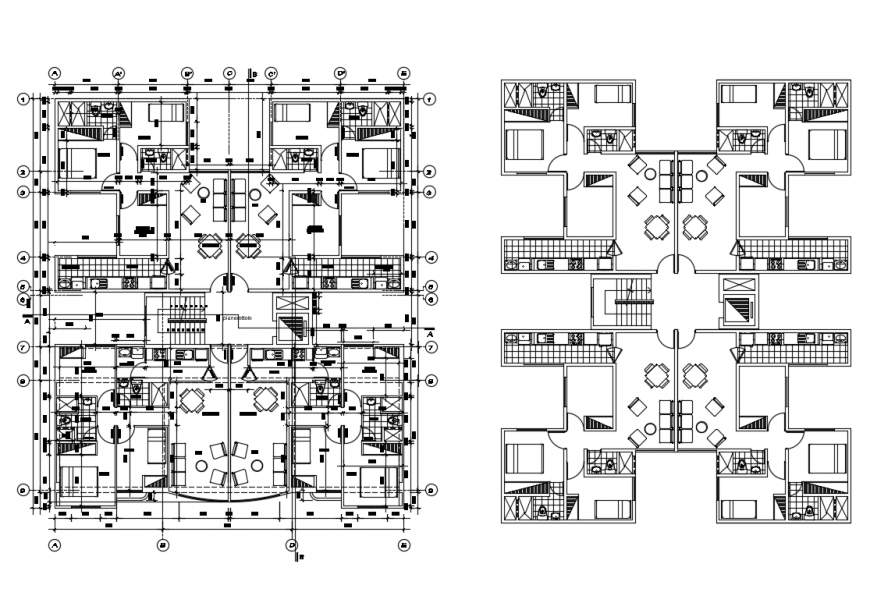 Multi-family apartment building layout plan, furniture layout plan and auto cad details dwg file