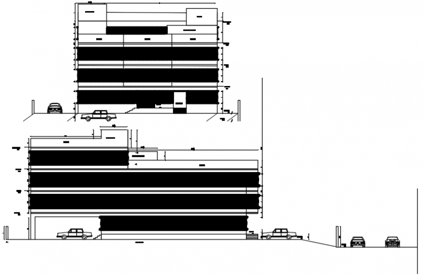 Multi-family apartment building main and back elevation drawing details dwg file