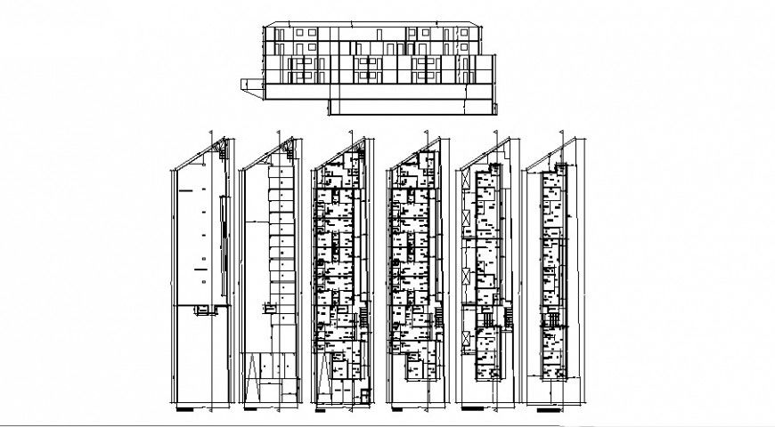 Multi-family apartment building main elevation and floor plan details dwg file
