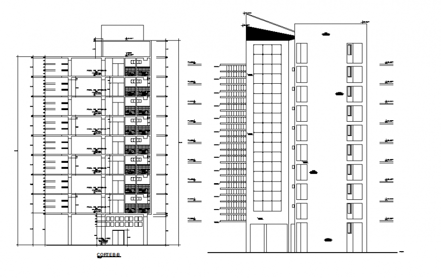 Multi-family apartment building main elevation and section cad drawing details dwg file