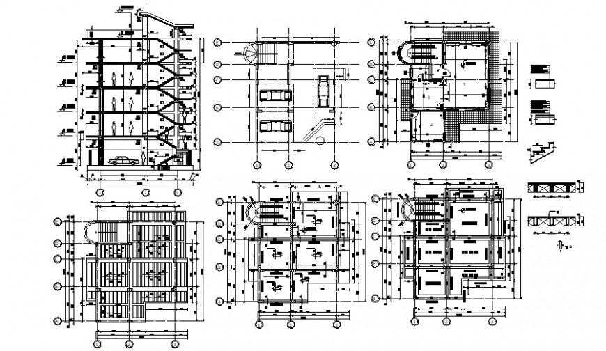 Multi-family apartment building section and floor plan structure drawing details dwg file