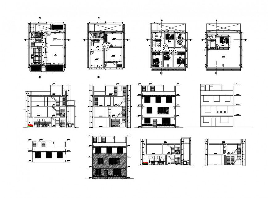 Multi-family house building elevation, section, plan and auto-cad details dwg file