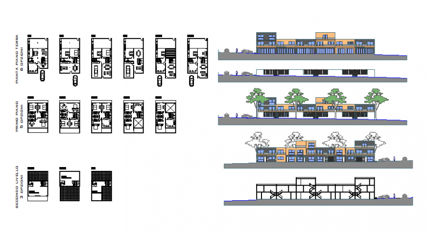 Multi-family house building elevation, section and floor plan details dwg file