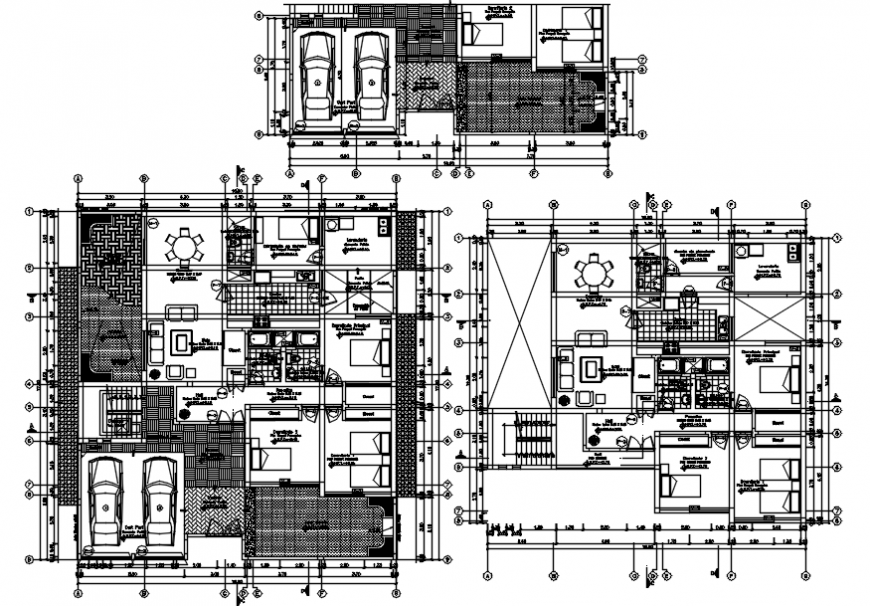 Multi-family house floor plan distribution with furniture drawing details dwg file