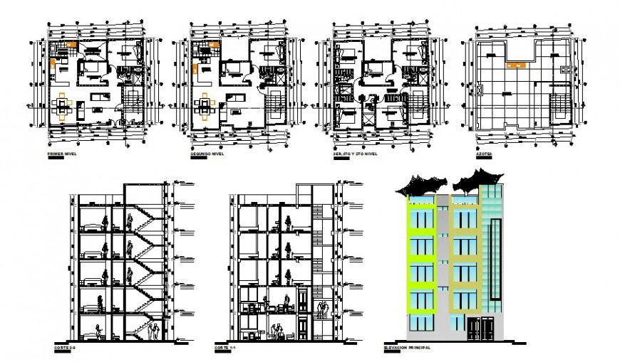 Multi-family housing apartment flats building detailed architecture project dwg file