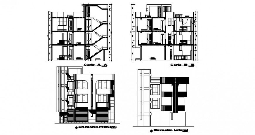 Multi-family housing trade building all sided elevation and section cad drawing details dwg file