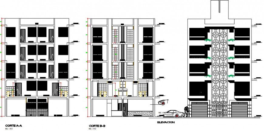 Multi-family multi-level residential building elevation and section details dwg file