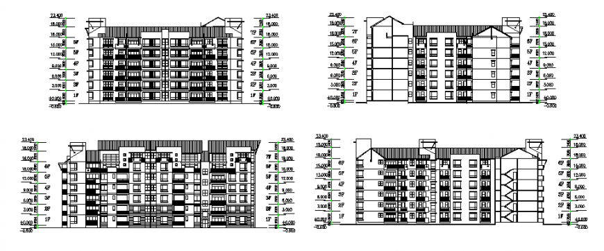Multi-family residential apartment building all sided elevation details dwg file