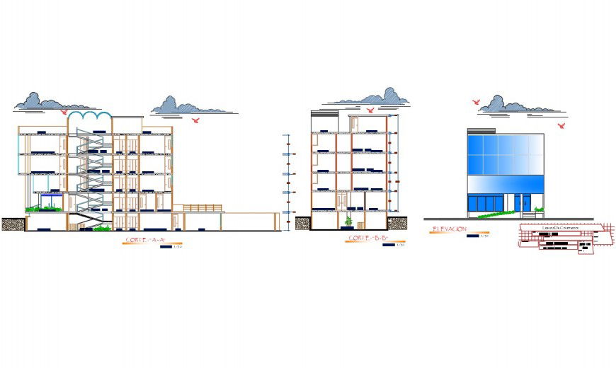 Multi-family residential apartment building elevation and section details dwg file