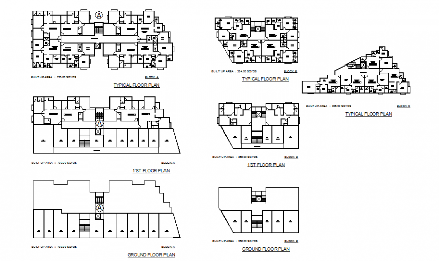 Multi-family residential apartment building first, second and typical floor plan details dwg file