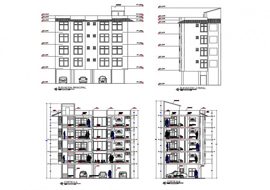 Multi-family residential apartment facade and back elevation and section details dwg file