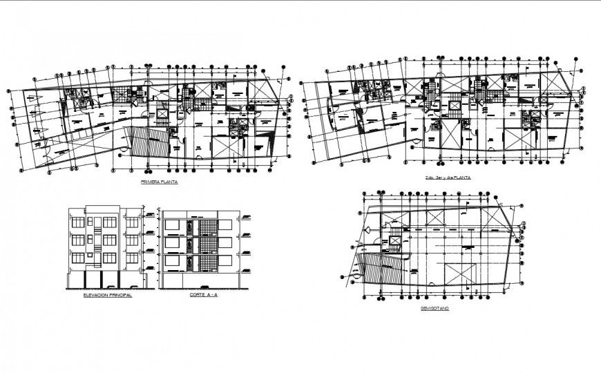 Multi-family residential building elevation, section, distribution plan and auto-cad details dwg file
