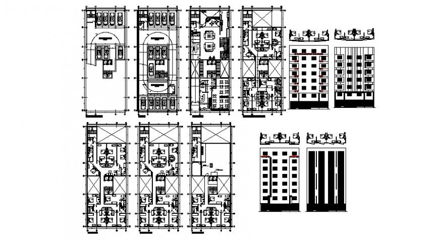 Multi-family residential building elevation, section and floor plan drawing details dwg file