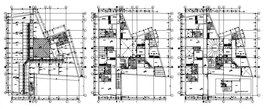 Multi-family residential building ground, first floor and second floor distribution plan details dwg file