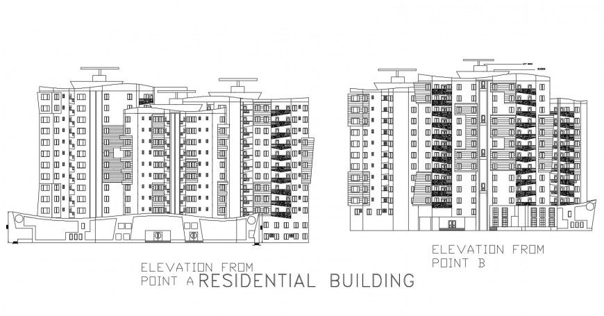 Multi-family residential building main and back elevation cad drawing details dwg file