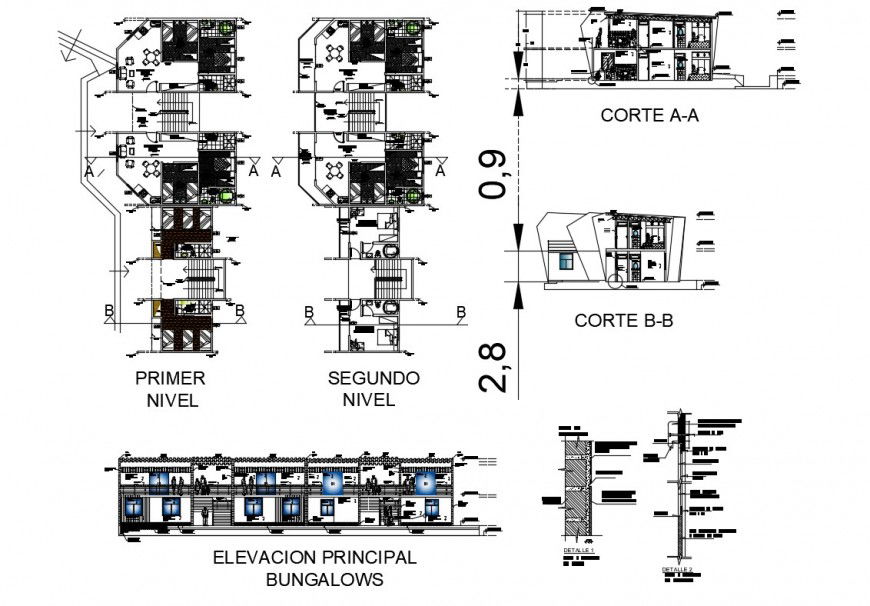 Multi-family residential building main elevation, section and floor plan details dwg file
