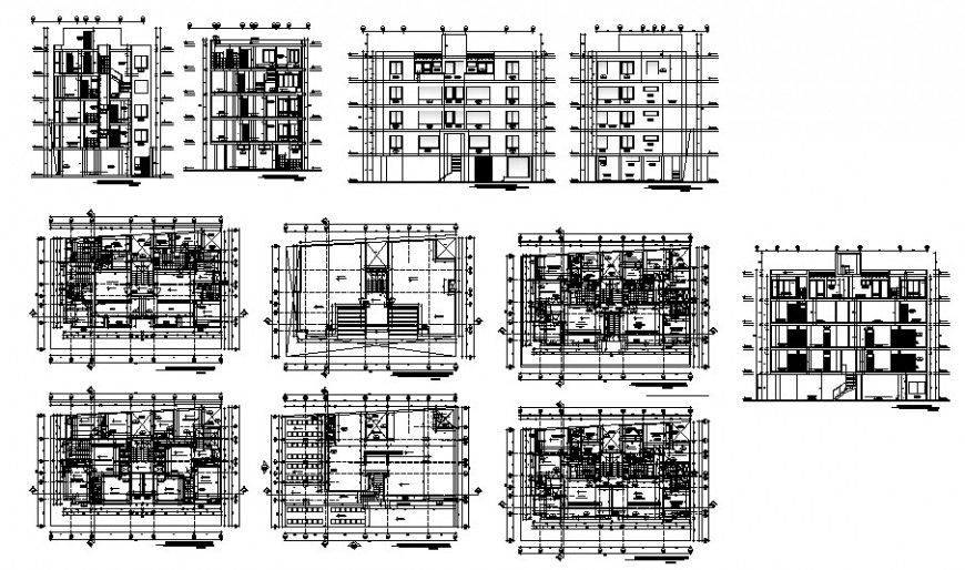 Multi-flooring administration building all sided elevation, section, floor plan and auto-cad details dwg file