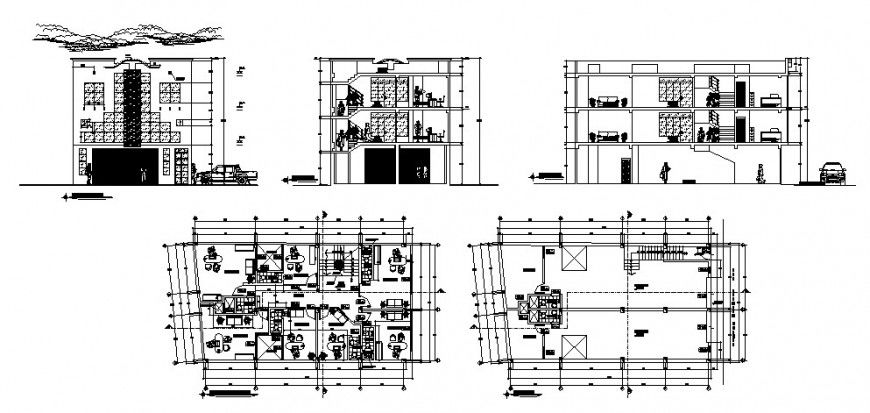 Multi-flooring commercial complex building elevation, section and floor plan details dwg file