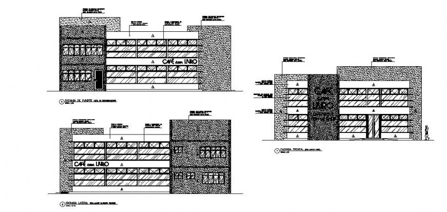 Multi-flooring executive building all sided elevation cad drawing details dwg file