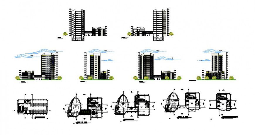Multi-flooring finance center building elevation, section and floor plan cad drawing details dwg file