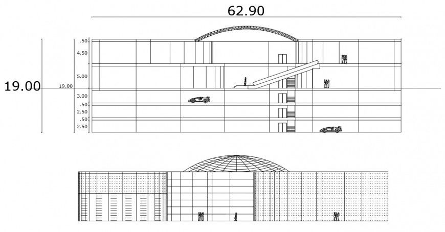 Multi-flooring hotel building frontal elevation and section drawing details dwg file