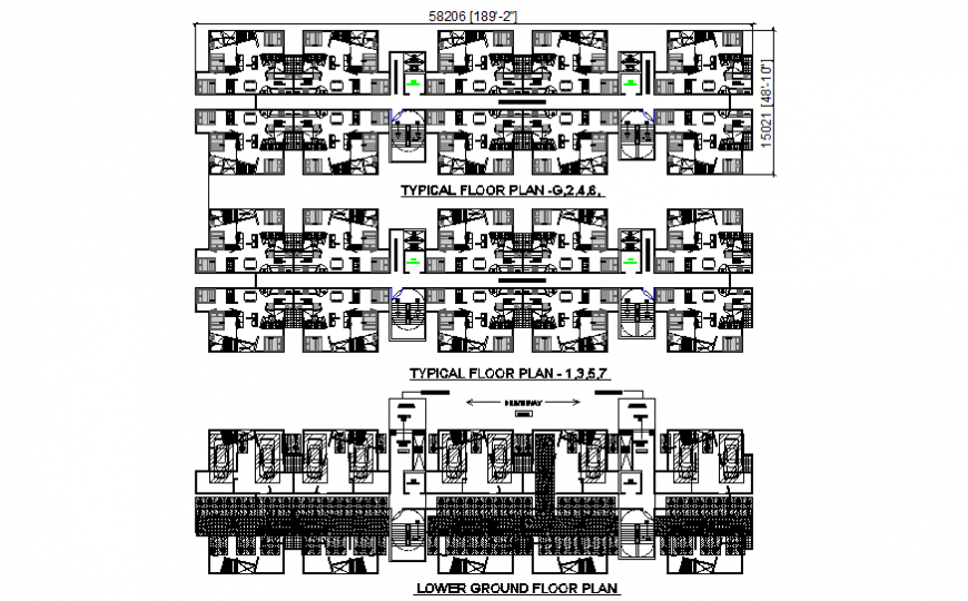 Multi-flooring residential apartment building lower ground and first and second floor plan details dwg file
