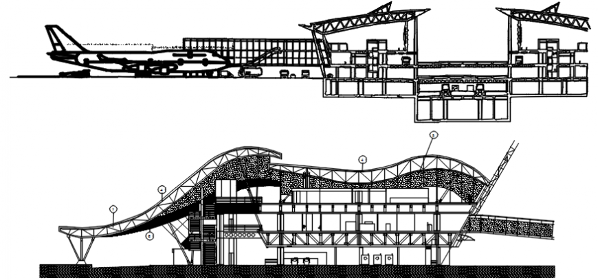 Multi-level airport building both sided section drawing details dwg file