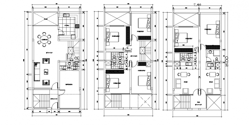 Multi-level and multi-family house floor plan distribution cad drawing details dwg file