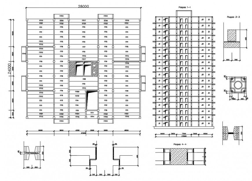 Multi-level apartment building main elevation, wall dimensions and structure drawing details dwg file