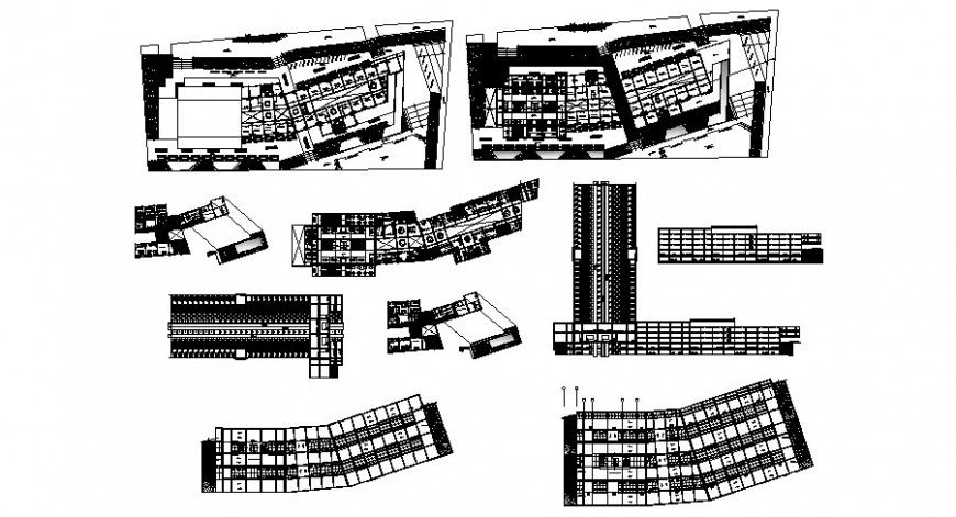 Multi-level business center elevation, section and floor plan cad drawing details dwg file