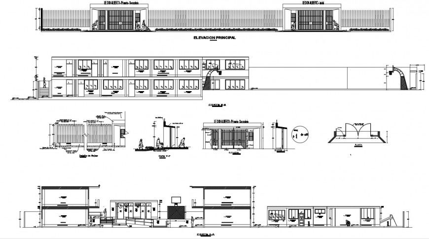 Multi-level college building elevation, section, gate and fence and auto-cad drawing details dwg file
