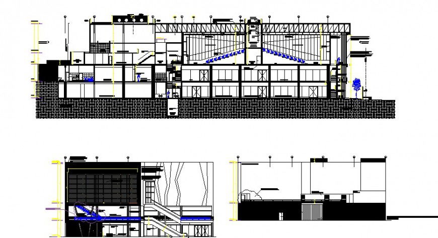 Multi-level college building elevations and sections drawing details dwg file