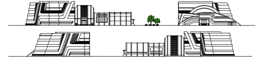 Multi-level college with library all sided elevations cad drawing details dwg file
