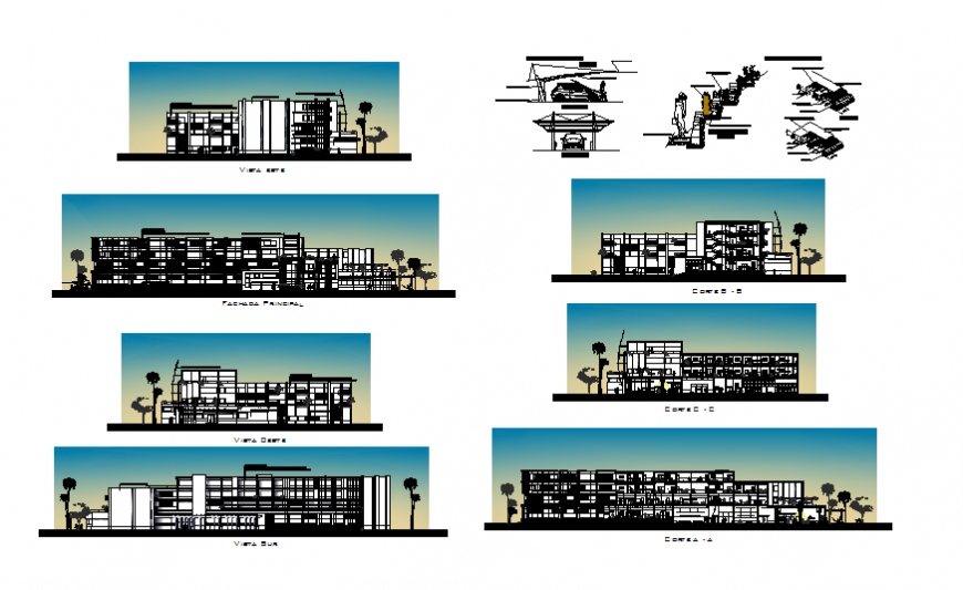 Multi-level corporate office building all sided elevation and section details dwg file
