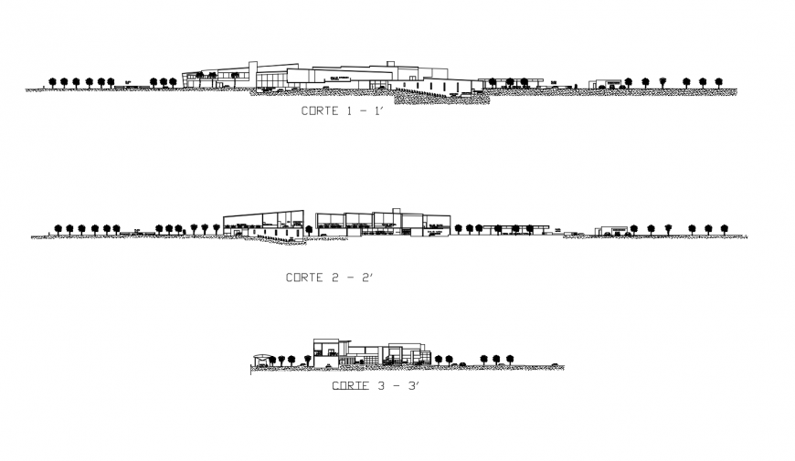 Multi-level culture center building all sided section cad drawing details dwg file