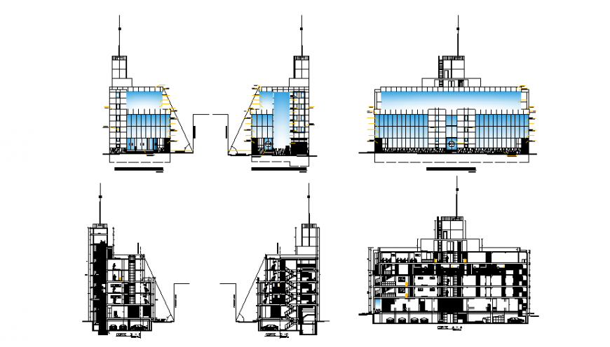 Multi-level five star hotel all sided elevation and sectional details dwg file