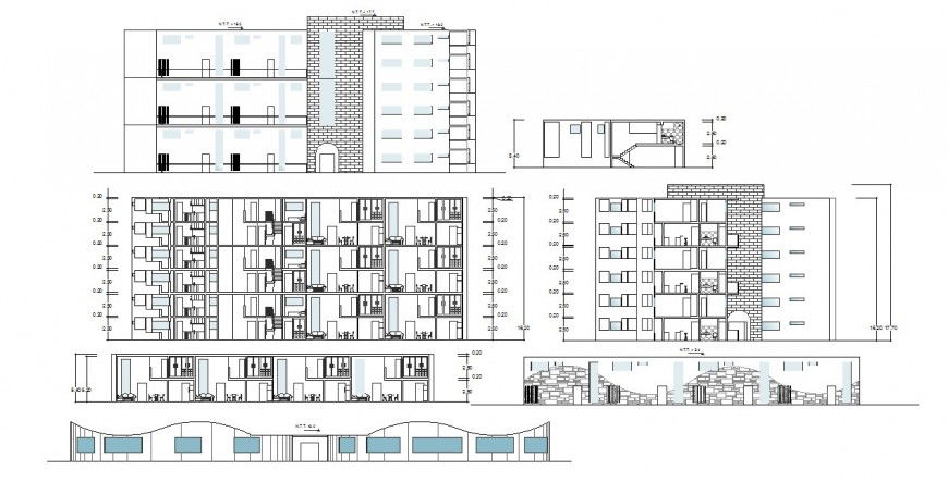 Multi-level general housing building all sided elevation and section drawing details dwg file