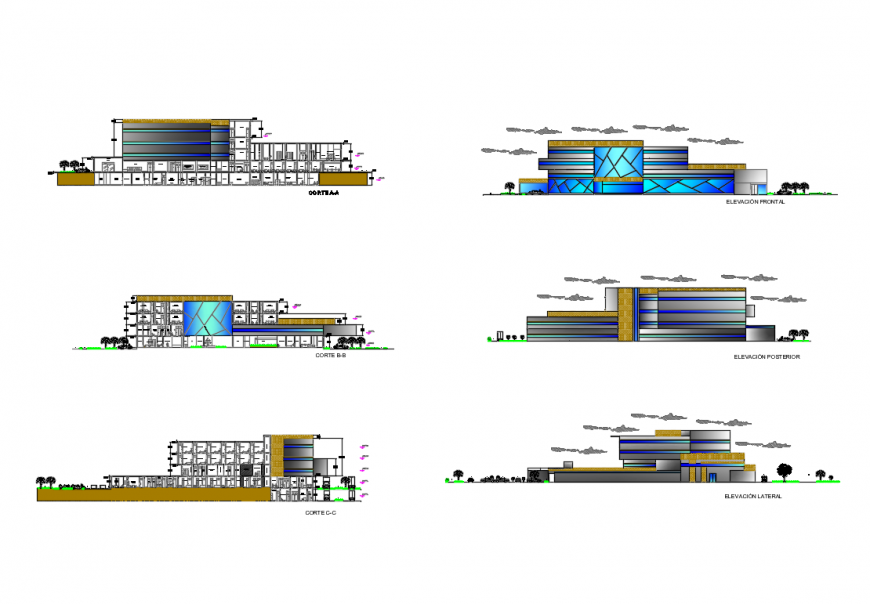 Multi-level hospital all sided elevation and sections cad drawing details dwg file