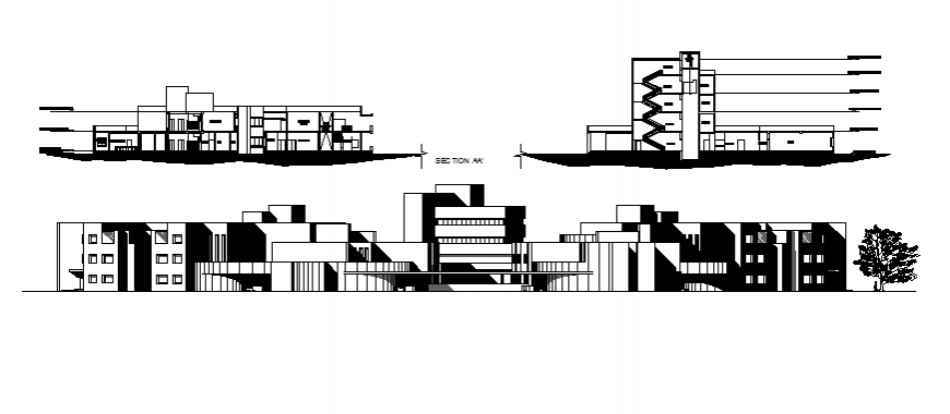 Multi-level hospital main elevation, section and staircase sectional details dwg file