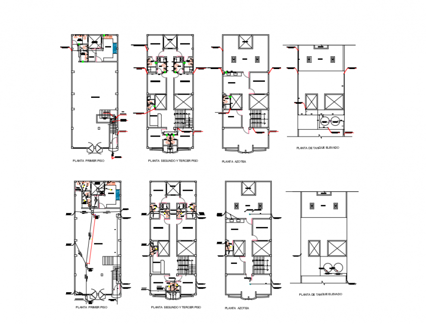 Multi-level hotel building first, second floor, third floor etc floor plan layout details dwg file