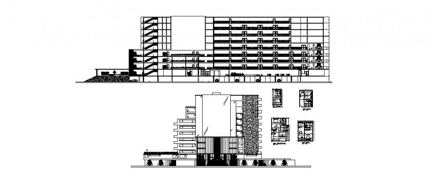 Multi-level hotel elevation and section cad drawing details dwg file