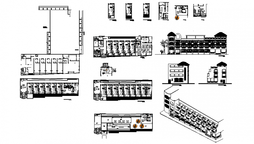 Multi-level luxuries hotel, elevation, isometric view, section and floor plan details dwg file