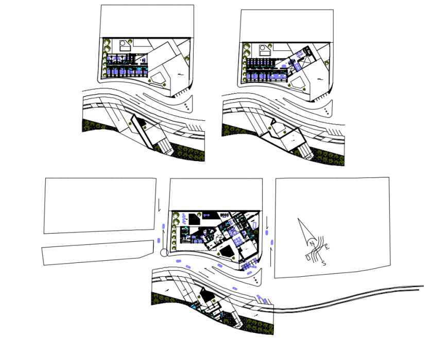 Multi-level luxuries hotel ground floor, second floor and third floor layout plan details dwg file