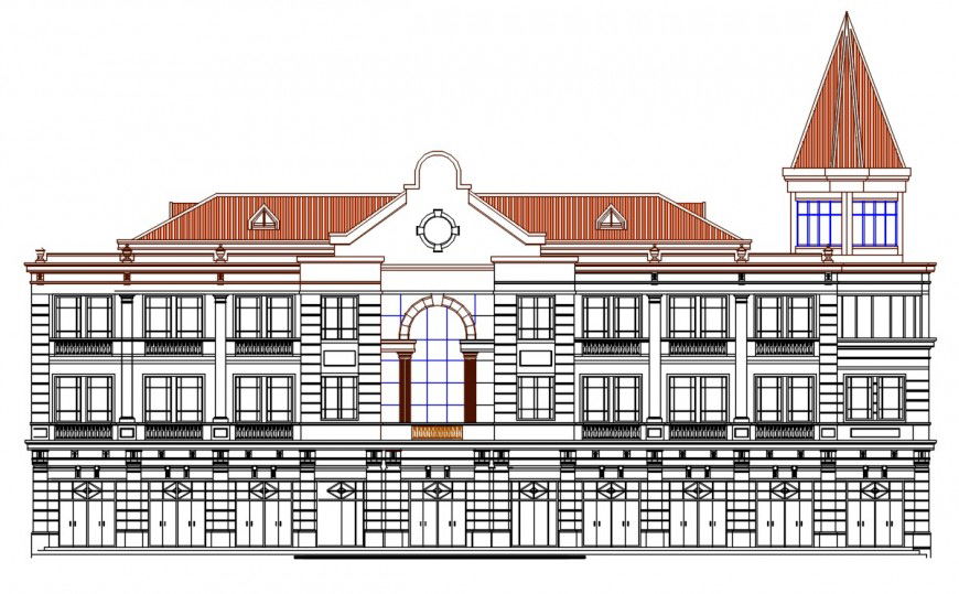 Multi-level luxurious villa mension main elevation cad drawing details dwg file