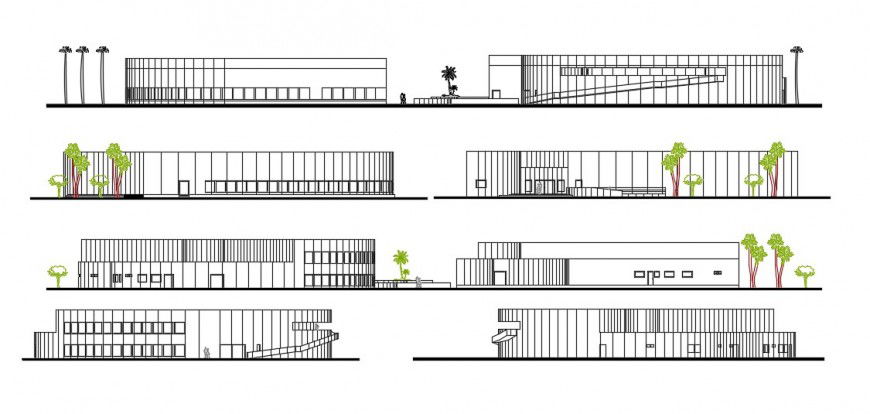Multi-level luxurious restaurant all sided elevation details dwg file