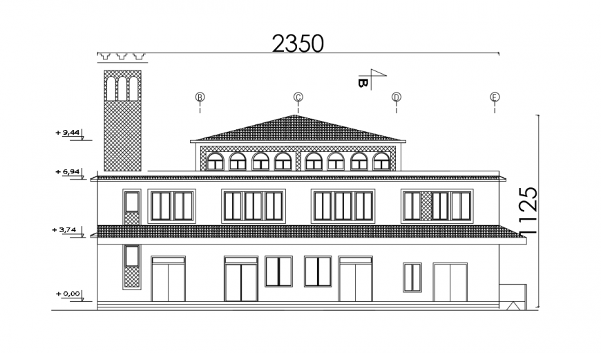 Multi-level mosque main elevation cad drawing details dwg file