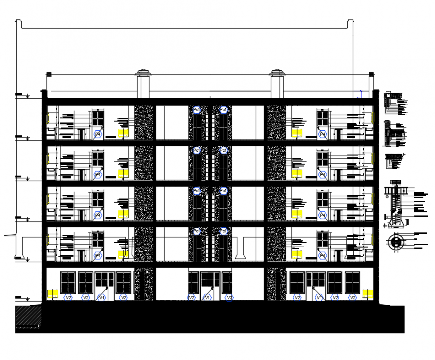 Multi-level office building constructive section details dwg file