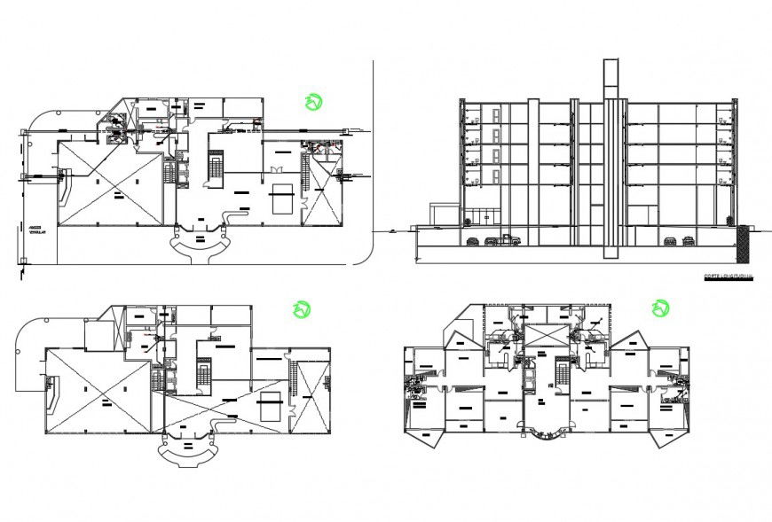Multi-level office building main section, plan and cover plan details dwg file
