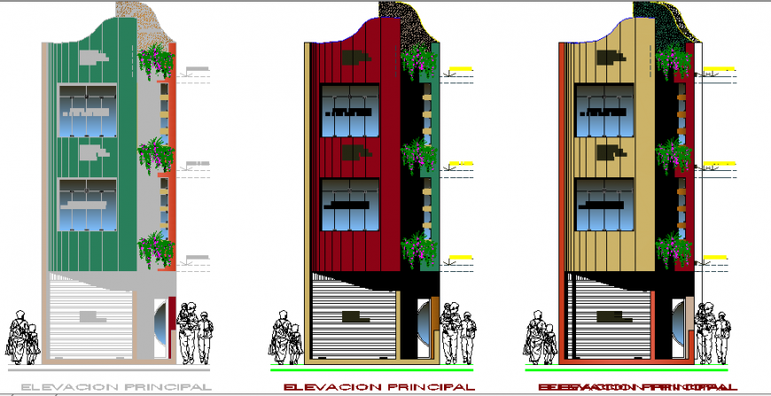 Multi-level residential apartment all sided elevation cad drawing details dwg file